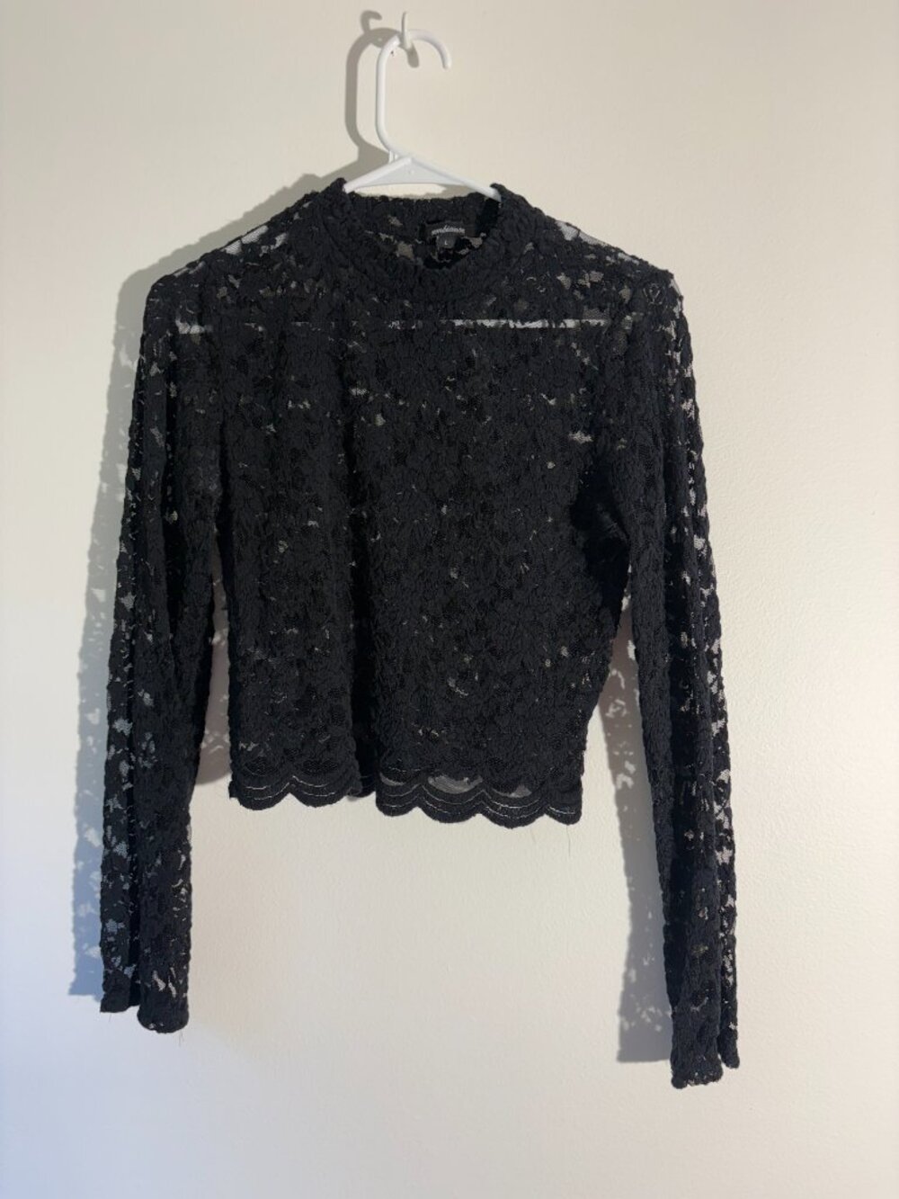 Ambiance Black Lace Crop Top Womens L Sheer Floral Mock Neck Long Sleeve Scallop